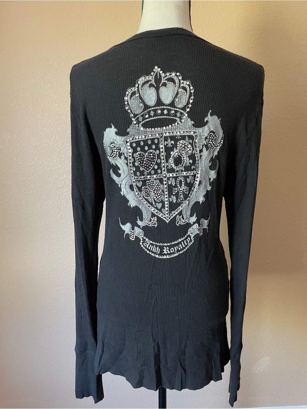 Vntg Y2K Ankh Royalty Black Thermal Long Sleeve Graphic Tee Shirt rhinestones M